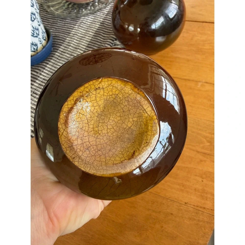Vintage Brown Glazed Ceramic Bud Vase Hand‎ Painted Green Leaf Detail Flared Rim